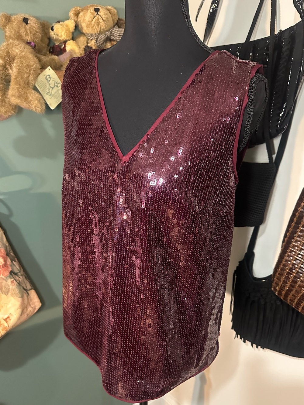 NWT J.Crew Burgundy Sequin Tank Top XS Sleeveless Party Glam